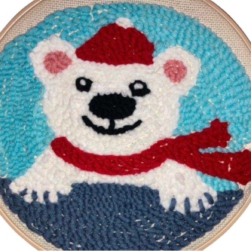 Handmade polar bear with red hat and scarf embroidery art